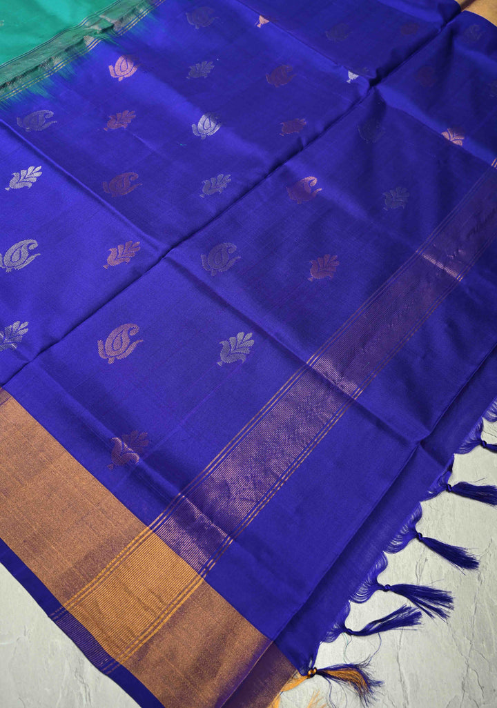 Green Uppada Handloom Silk Saree with Gold Silver Zari Buttas and Tissue Border | SILK MARK CERTIFIED