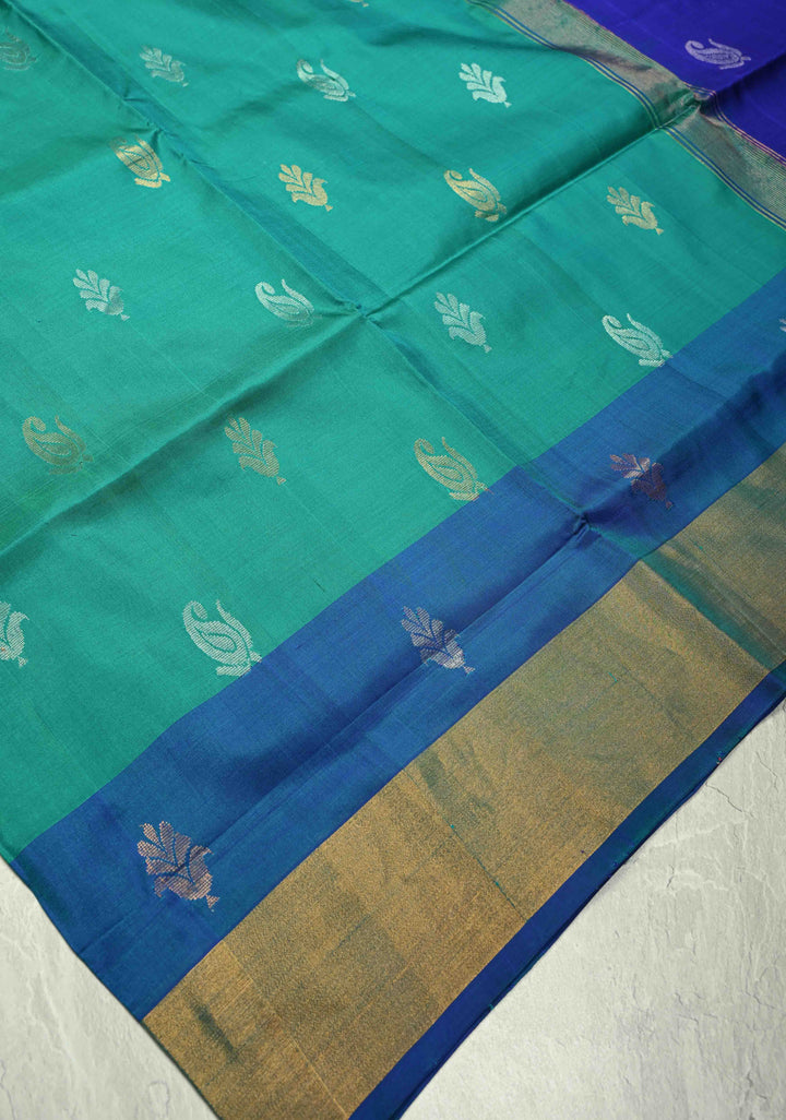 Green Uppada Handloom Silk Saree with Gold Silver Zari Buttas and Tissue Border | SILK MARK CERTIFIED
