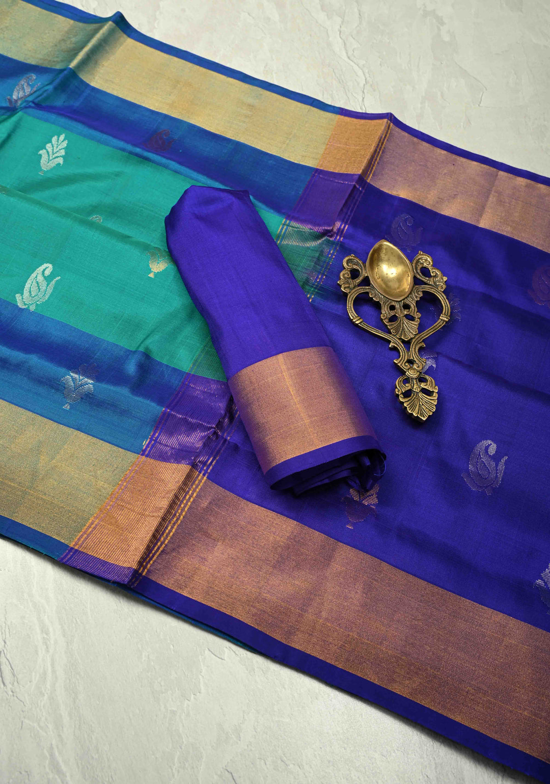 Green Uppada Handloom Silk Saree with Gold Silver Zari Buttas and Tissue Border | SILK MARK CERTIFIED