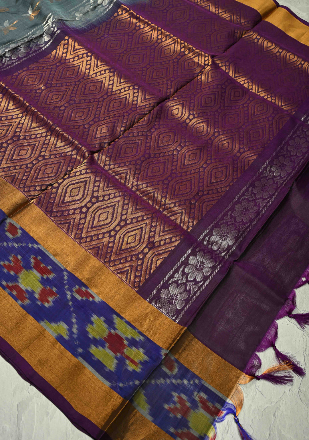 Exquisite Sona Rupa Zari Stripes Buttas Gray Uppada Handloom Silk Saree with Ikkat Border | SILK MARK CERTIFIED