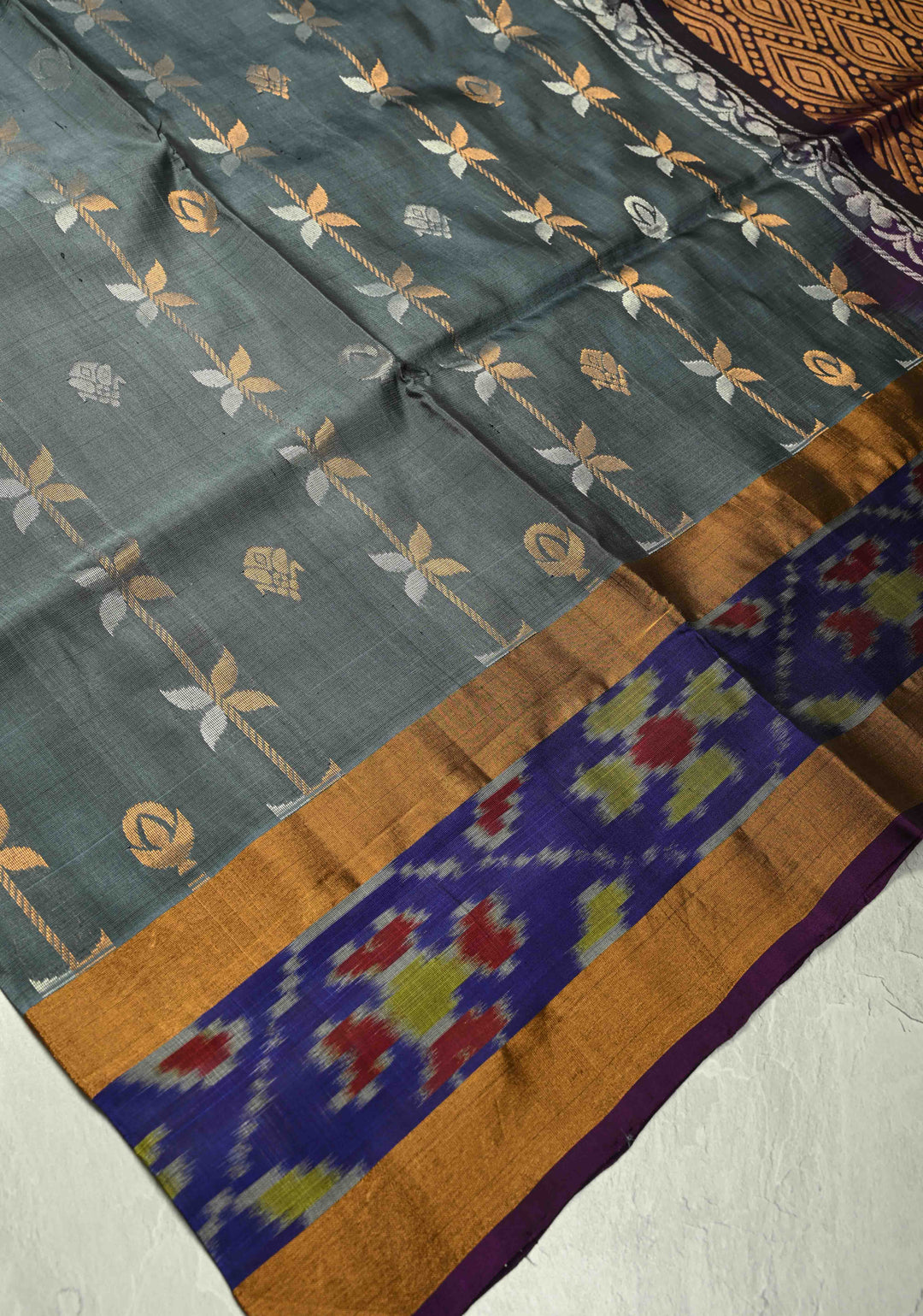 Exquisite Sona Rupa Zari Stripes Buttas Gray Uppada Handloom Silk Saree with Ikkat Border | SILK MARK CERTIFIED