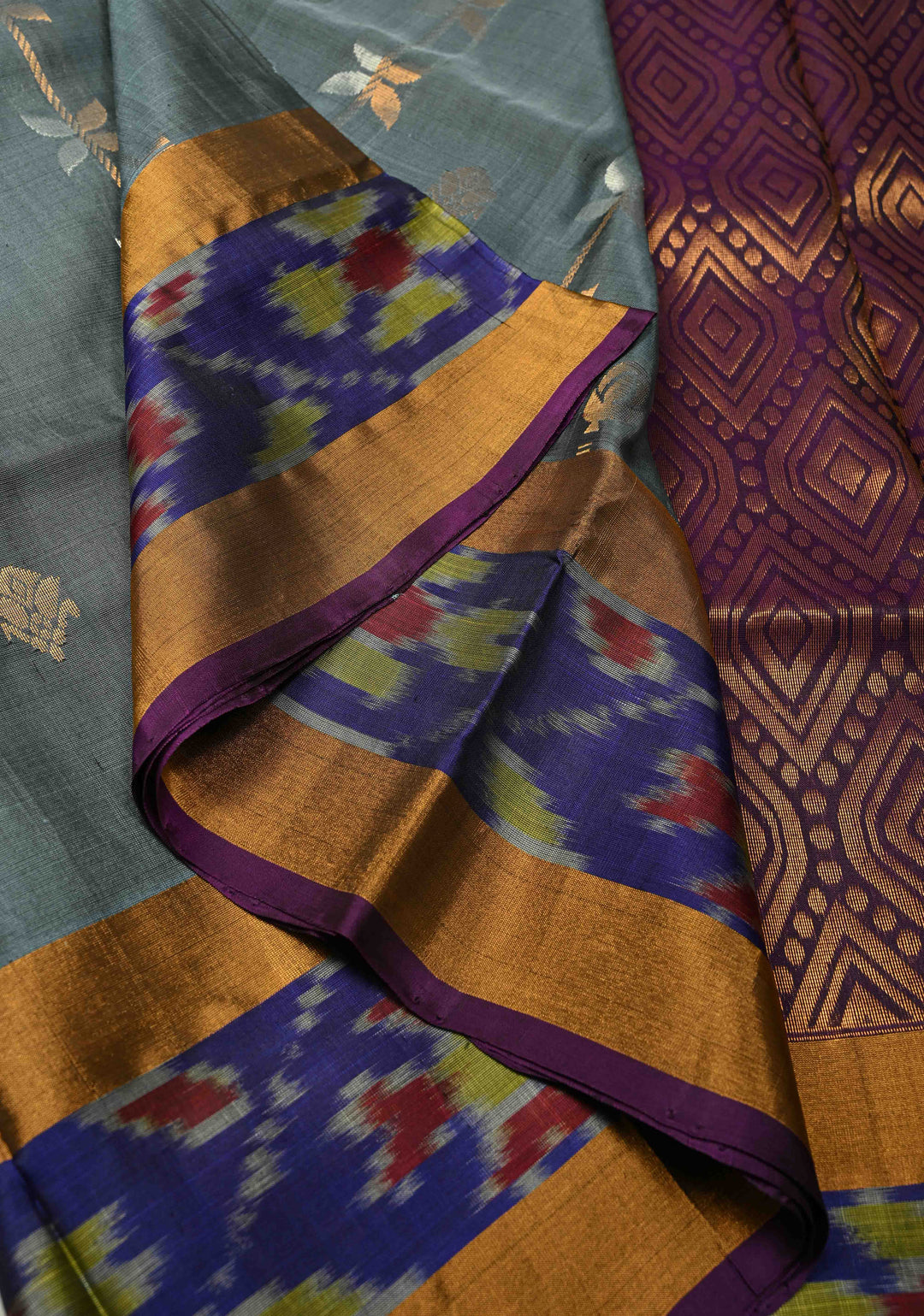 Exquisite Sona Rupa Zari Stripes Buttas Gray Uppada Handloom Silk Saree with Ikkat Border | SILK MARK CERTIFIED