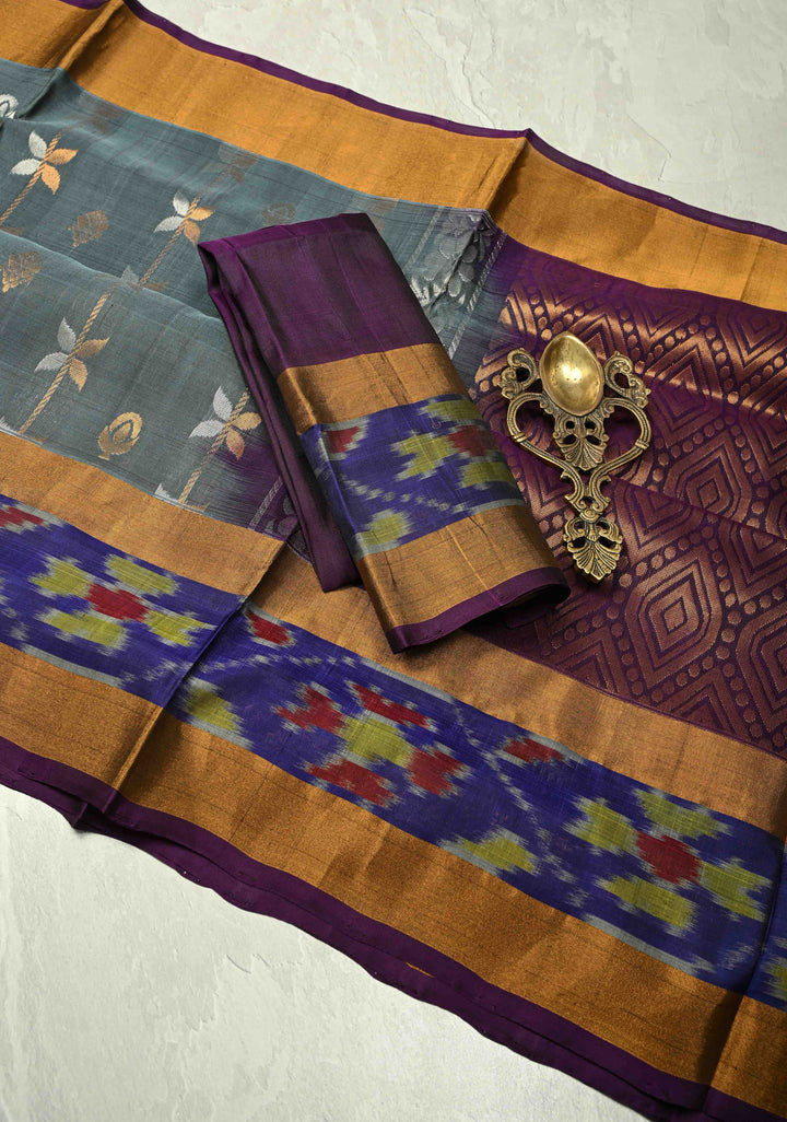 Exquisite Sona Rupa Zari Stripes Buttas Gray Uppada Handloom Silk Saree with Ikkat Border | SILK MARK CERTIFIED