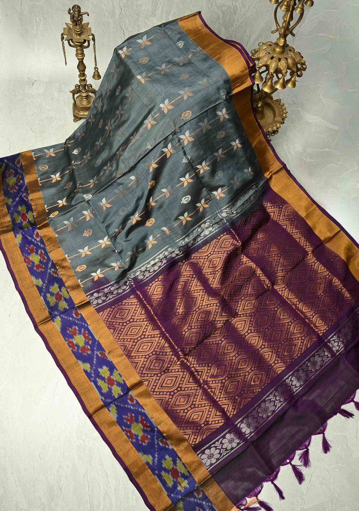 Exquisite Sona Rupa Zari Stripes Buttas Gray Uppada Handloom Silk Saree with Ikkat Border | SILK MARK CERTIFIED