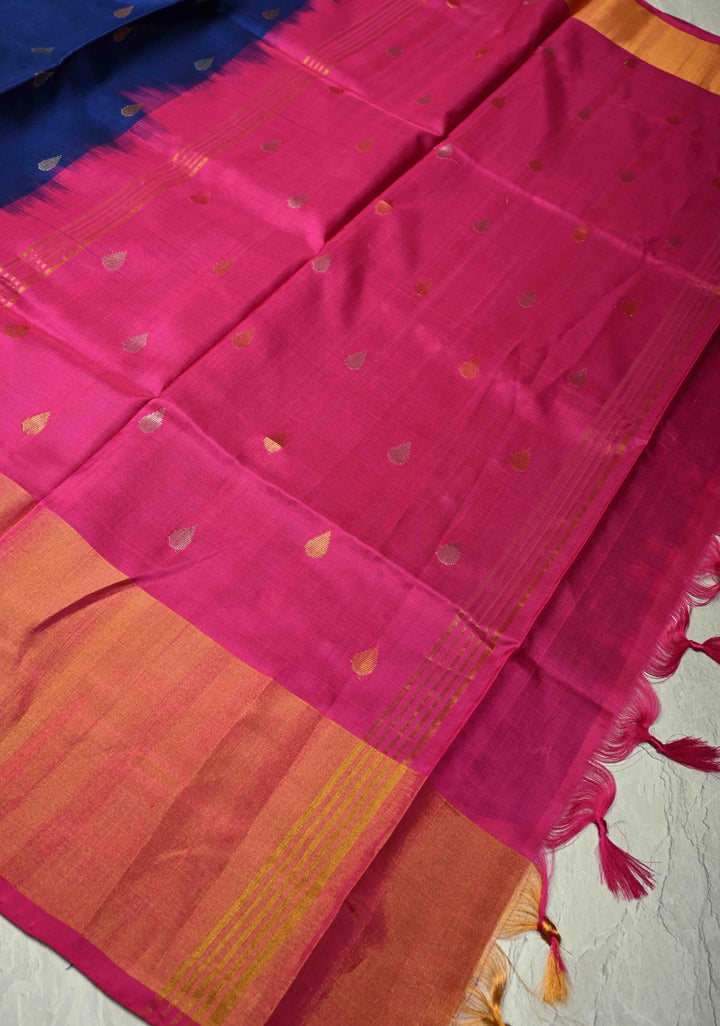 Ink Blue Uppada Handloom Silk Saree with Sona Rupa Buttas and Tissue Zari Border| SILK MARK CERTIFIED