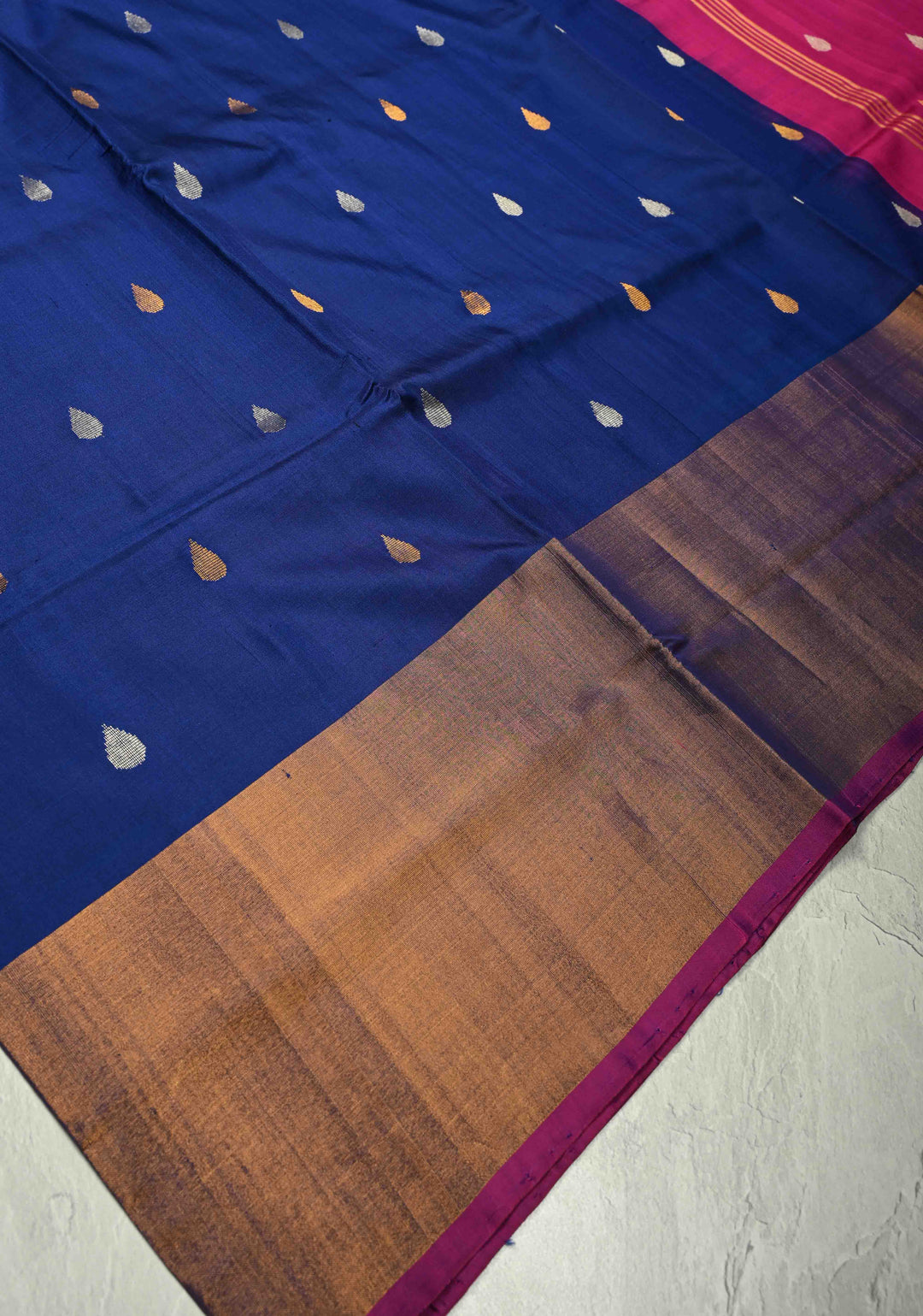 Ink Blue Uppada Handloom Silk Saree with Sona Rupa Buttas and Tissue Zari Border| SILK MARK CERTIFIED