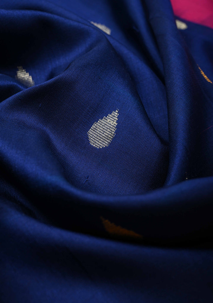 Ink Blue Uppada Handloom Silk Saree with Sona Rupa Buttas and Tissue Zari Border| SILK MARK CERTIFIED