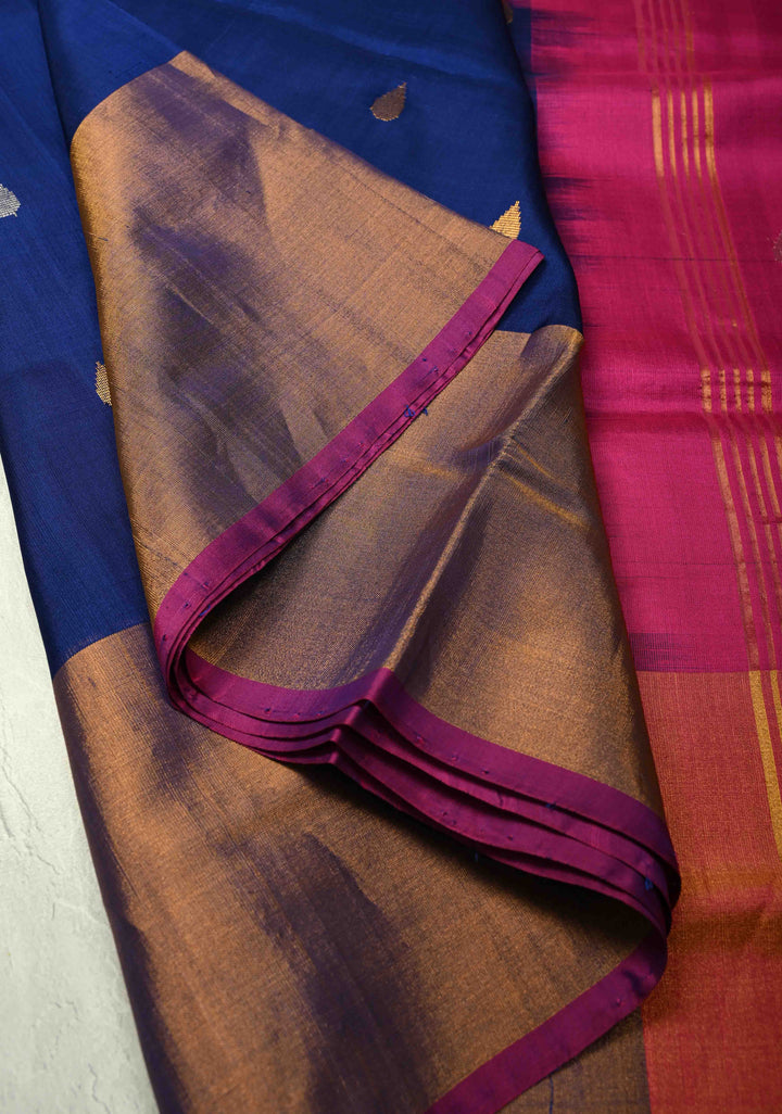 Ink Blue Uppada Handloom Silk Saree with Sona Rupa Buttas and Tissue Zari Border| SILK MARK CERTIFIED