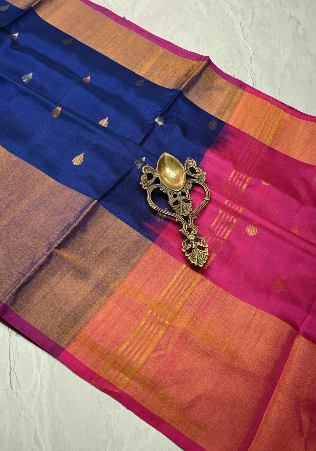 Ink Blue Uppada Handloom Silk Saree with Sona Rupa Buttas and Tissue Zari Border| SILK MARK CERTIFIED