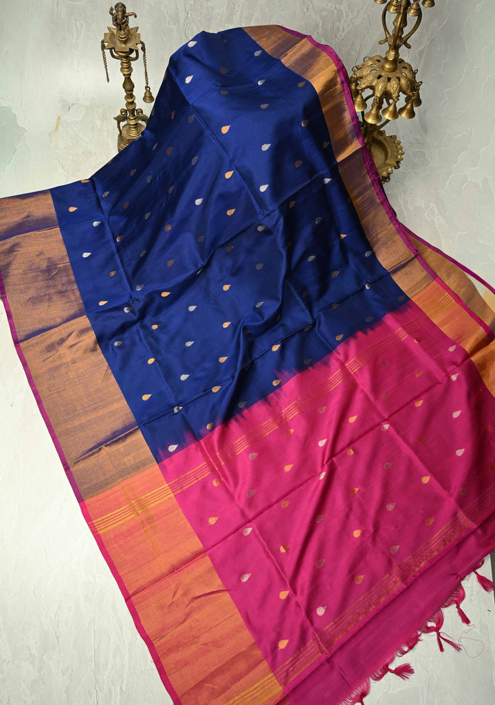 Ink Blue Uppada Handloom Silk Saree with Sona Rupa Buttas and Tissue Zari Border| SILK MARK CERTIFIED