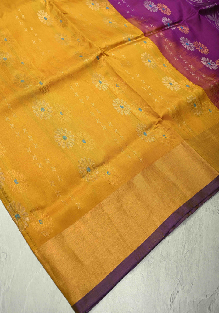 Musturd Yellow Uppada Handloom Silk  Saree with Meenakari Buttas and Tissue Border | SILK MARK CERTIFIED