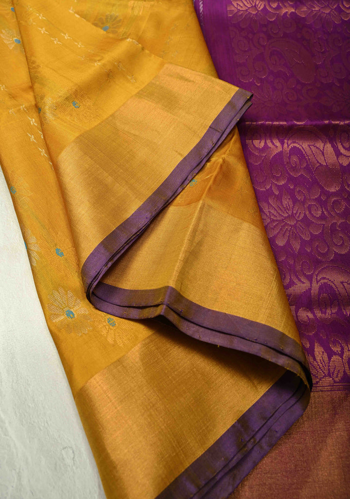 Musturd Yellow Uppada Handloom Silk  Saree with Meenakari Buttas and Tissue Border | SILK MARK CERTIFIED