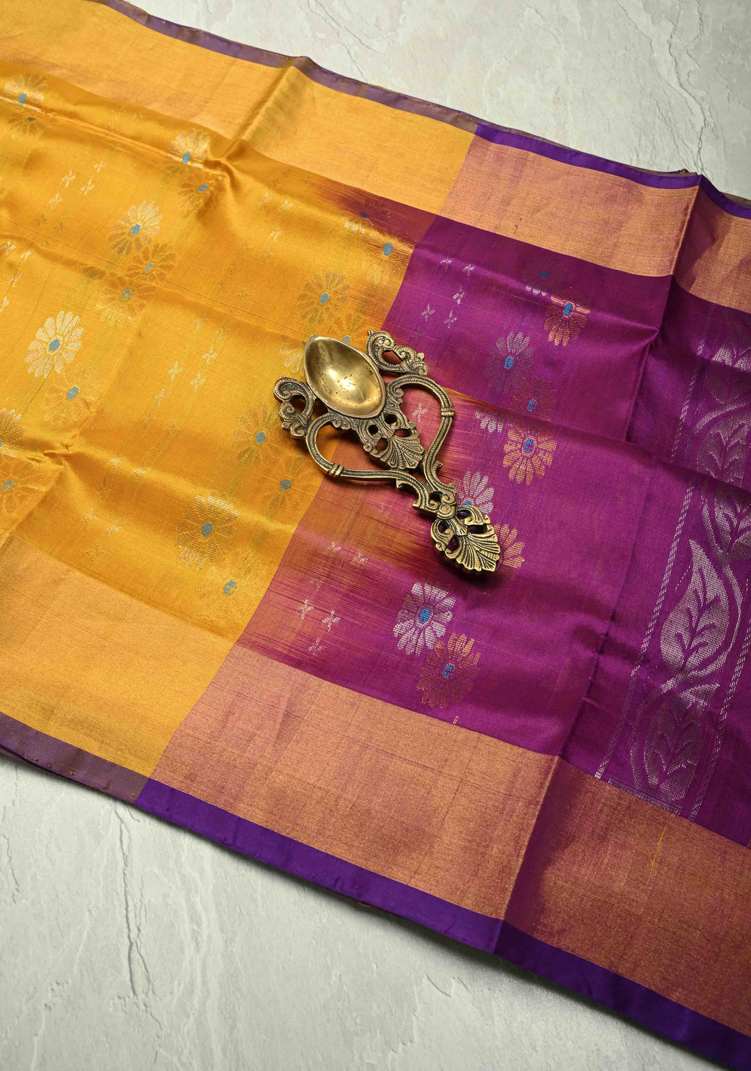 Musturd Yellow Uppada Handloom Silk  Saree with Meenakari Buttas and Tissue Border | SILK MARK CERTIFIED