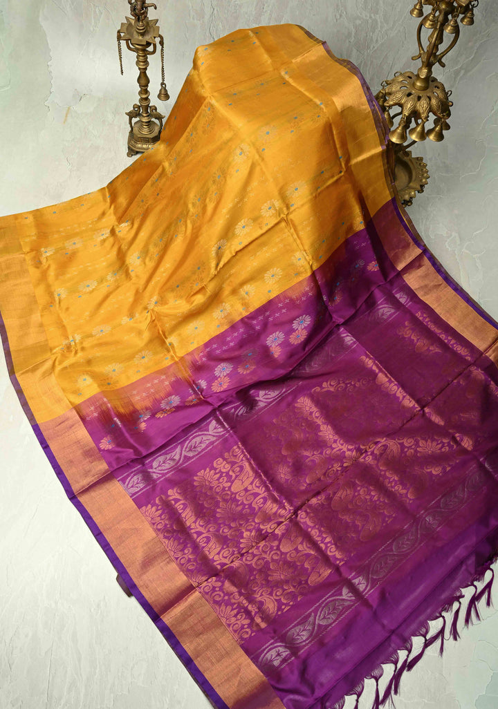 Musturd Yellow Uppada Handloom Silk  Saree with Meenakari Buttas and Tissue Border | SILK MARK CERTIFIED
