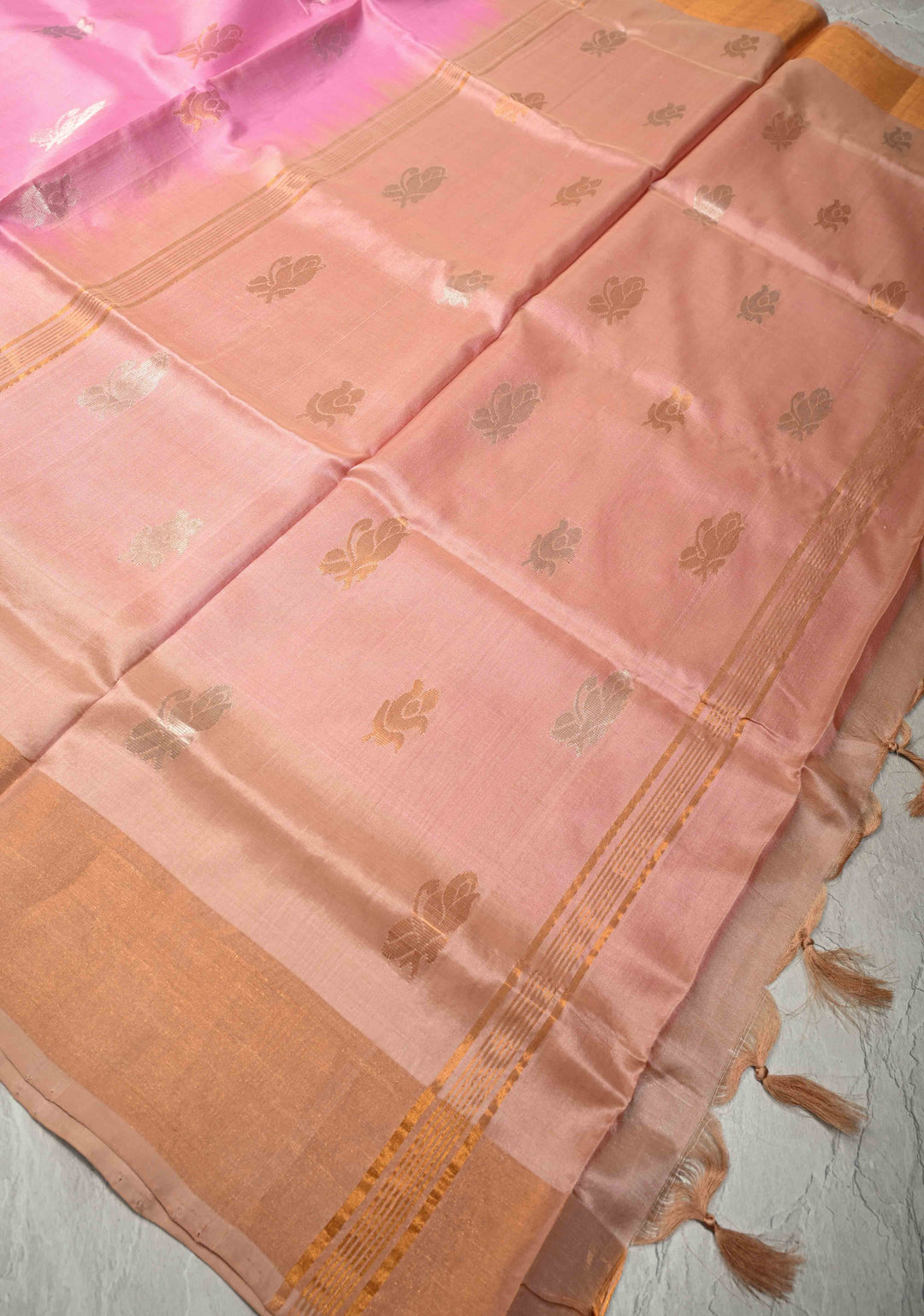 Dusty Rose Sona Rupa Zari Buttas on Uppada Handloom Silk Saree with Panel and Tissue Border | SILK MARK CERTIFIED