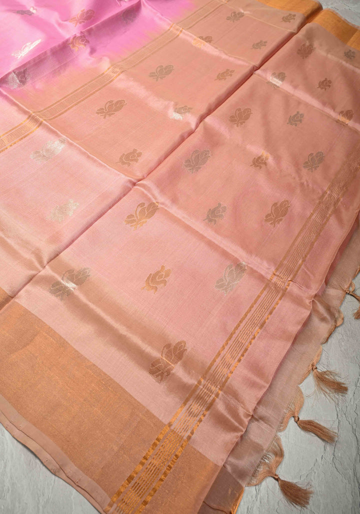 Dusty Rose Sona Rupa Zari Buttas on Uppada Handloom Silk Saree with Panel and Tissue Border | SILK MARK CERTIFIED