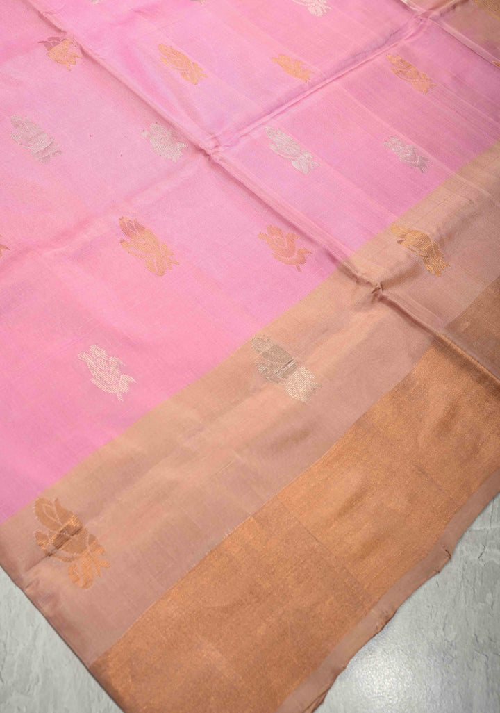 Dusty Rose Sona Rupa Zari Buttas on Uppada Handloom Silk Saree with Panel and Tissue Border | SILK MARK CERTIFIED