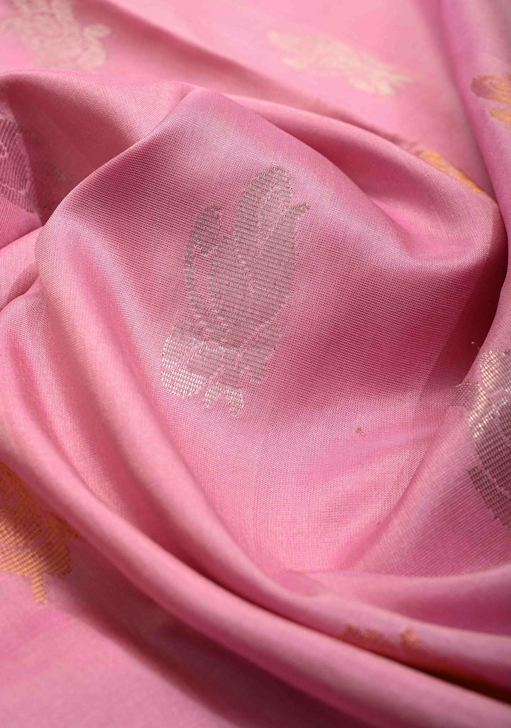 Dusty Rose Sona Rupa Zari Buttas on Uppada Handloom Silk Saree with Panel and Tissue Border | SILK MARK CERTIFIED