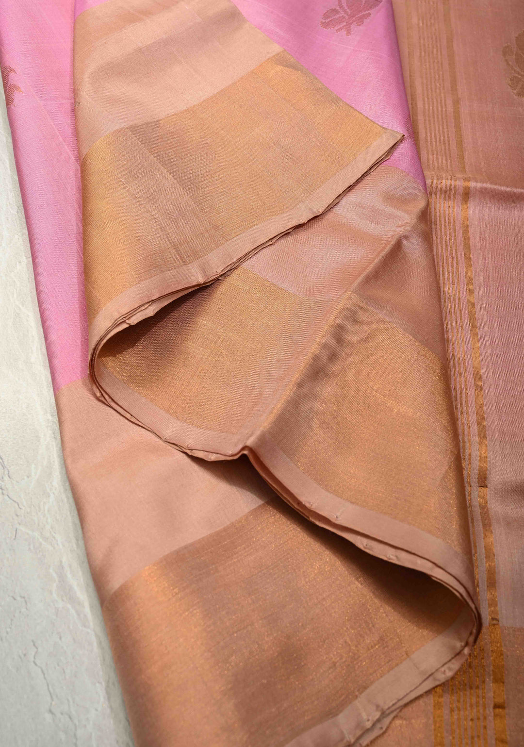 Dusty Rose Sona Rupa Zari Buttas on Uppada Handloom Silk Saree with Panel and Tissue Border | SILK MARK CERTIFIED
