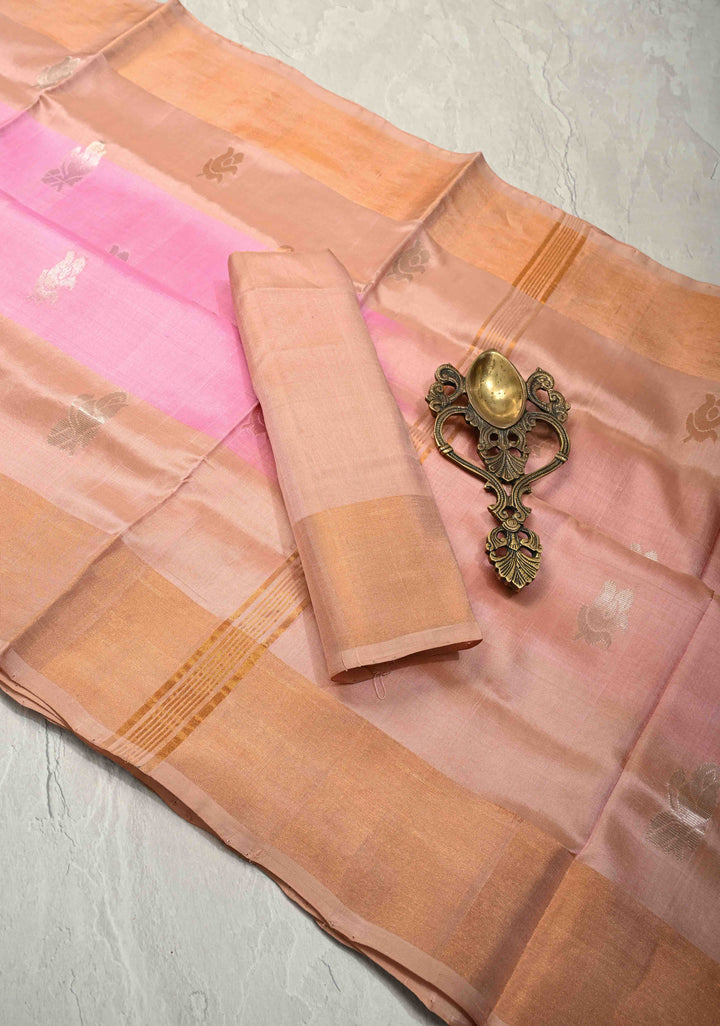 Dusty Rose Sona Rupa Zari Buttas on Uppada Handloom Silk Saree with Panel and Tissue Border | SILK MARK CERTIFIED