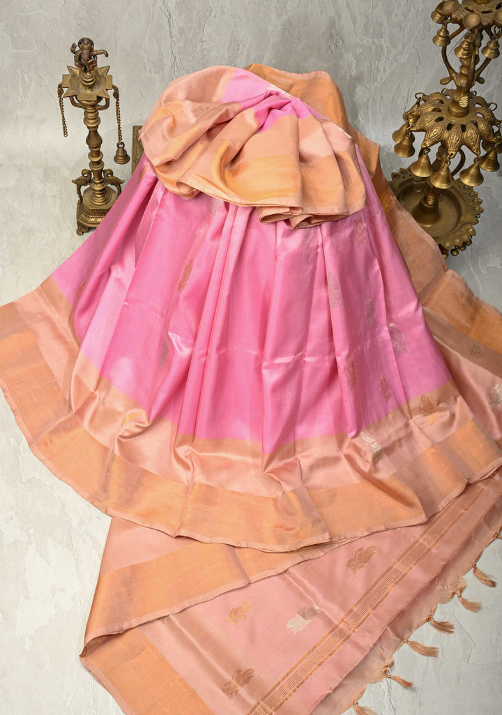 Dusty Rose Sona Rupa Zari Buttas on Uppada Handloom Silk Saree with Panel and Tissue Border | SILK MARK CERTIFIED