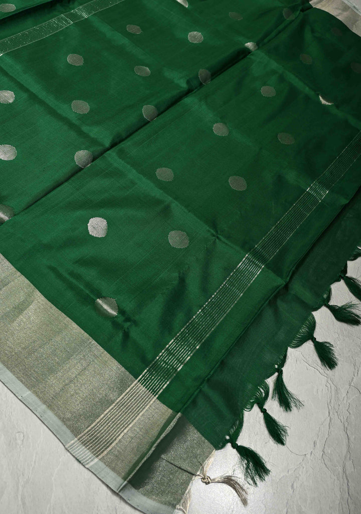 Forest Green Uppada Handloom Silk Saree with Silver Polka Dots and Tissue Border | SILK MARK CERTIFIED