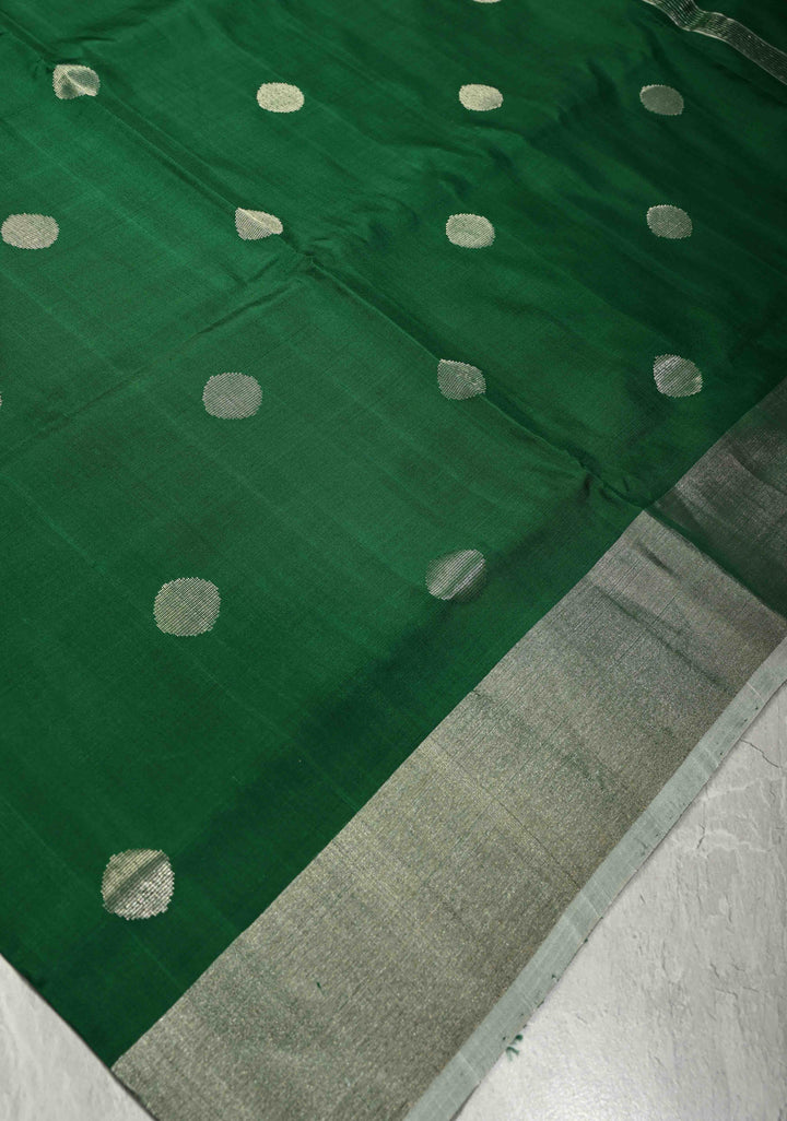 Forest Green Uppada Handloom Silk Saree with Silver Polka Dots and Tissue Border | SILK MARK CERTIFIED