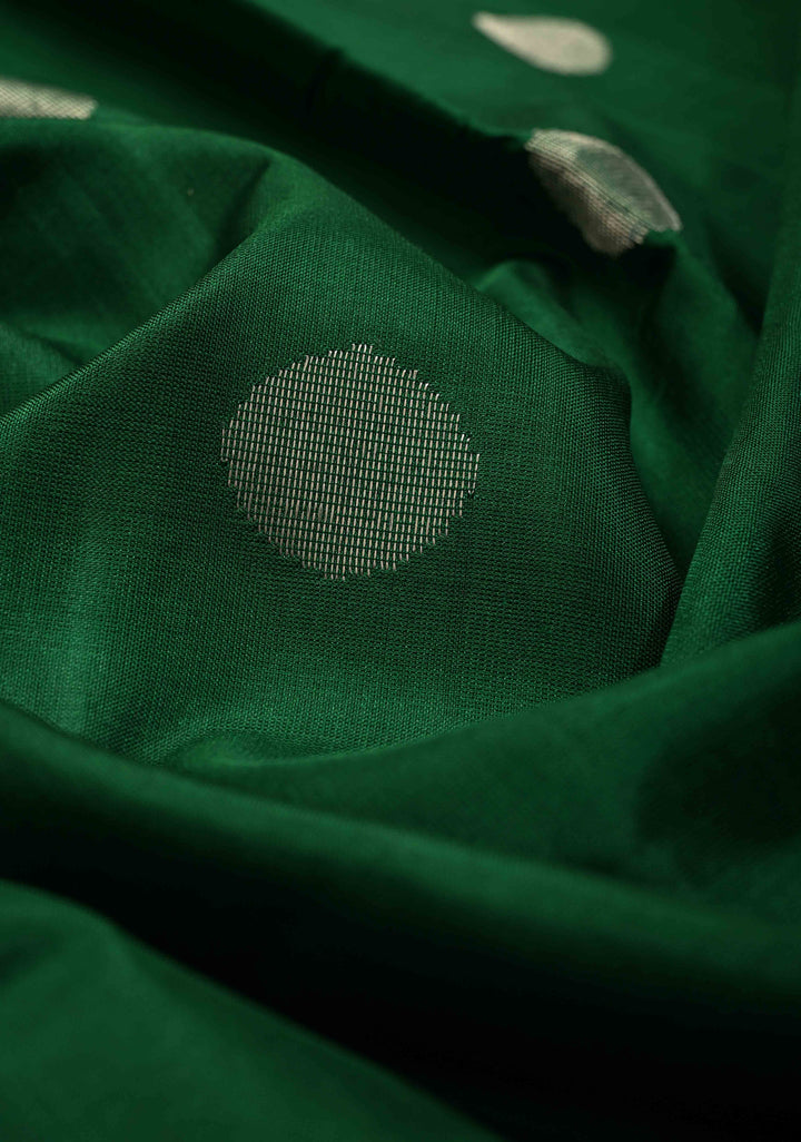 Forest Green Uppada Handloom Silk Saree with Silver Polka Dots and Tissue Border | SILK MARK CERTIFIED