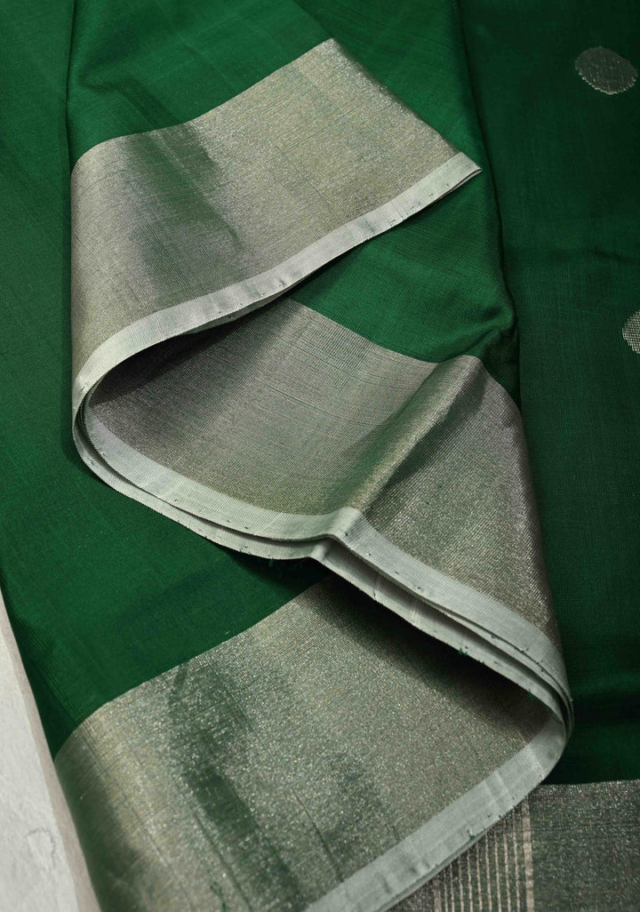 Forest Green Uppada Handloom Silk Saree with Silver Polka Dots and Tissue Border | SILK MARK CERTIFIED