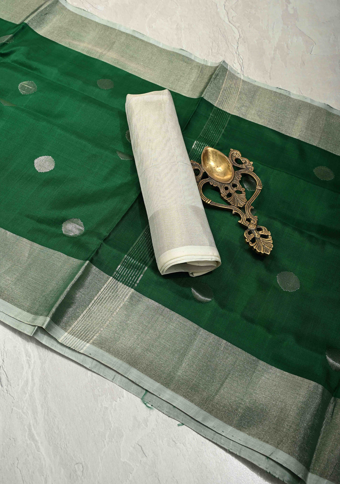 Forest Green Uppada Handloom Silk Saree with Silver Polka Dots and Tissue Border | SILK MARK CERTIFIED