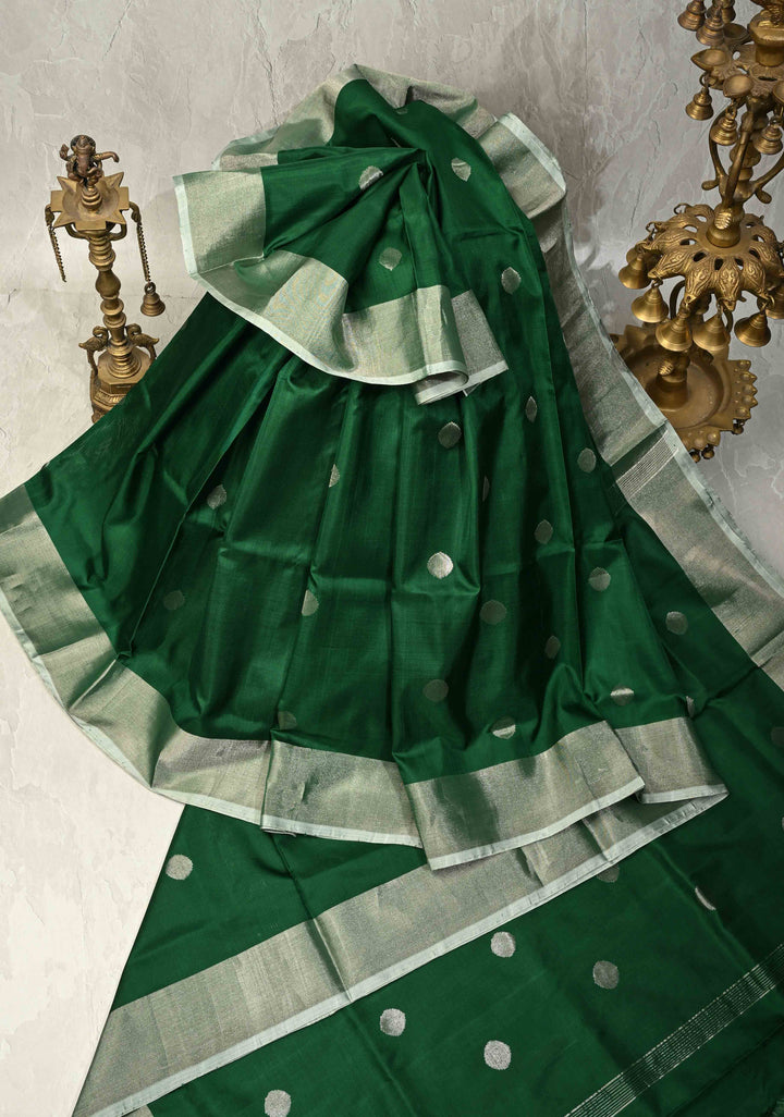 Forest Green Uppada Handloom Silk Saree with Silver Polka Dots and Tissue Border | SILK MARK CERTIFIED