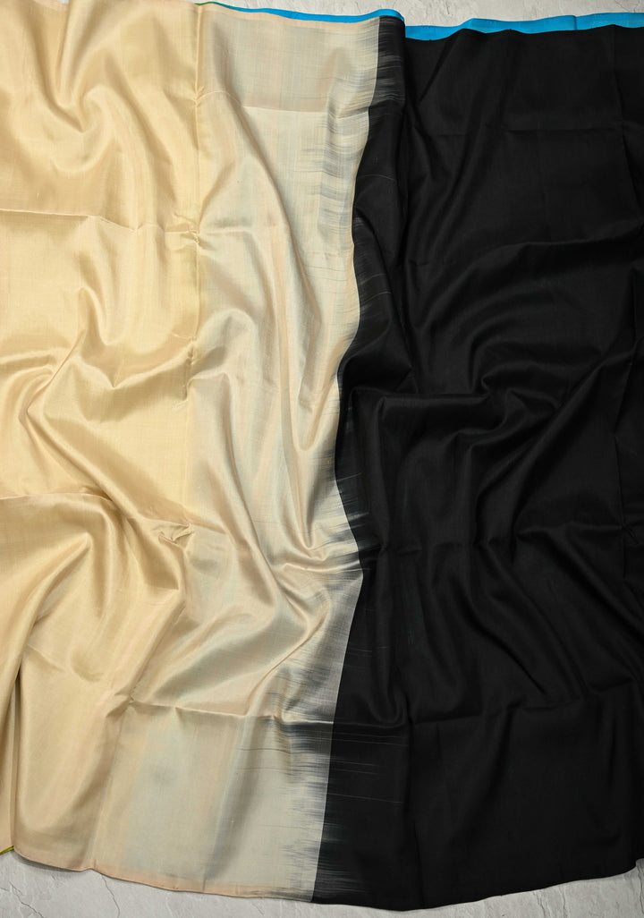 Borderless Off White-Black-Blue-Lime Green Uppada Handloom Pure Silk Saree with Panel Pattern | SILK MARK CERTIFIED