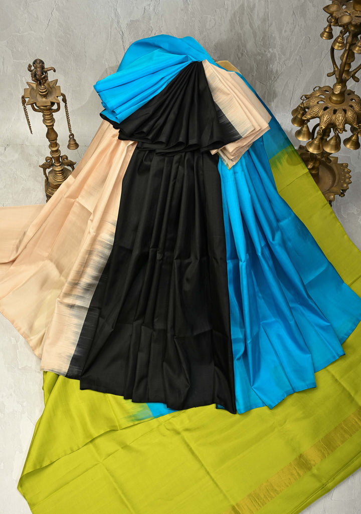 Borderless Off White-Black-Blue-Lime Green Uppada Handloom Pure Silk Saree with Panel Pattern | SILK MARK CERTIFIED