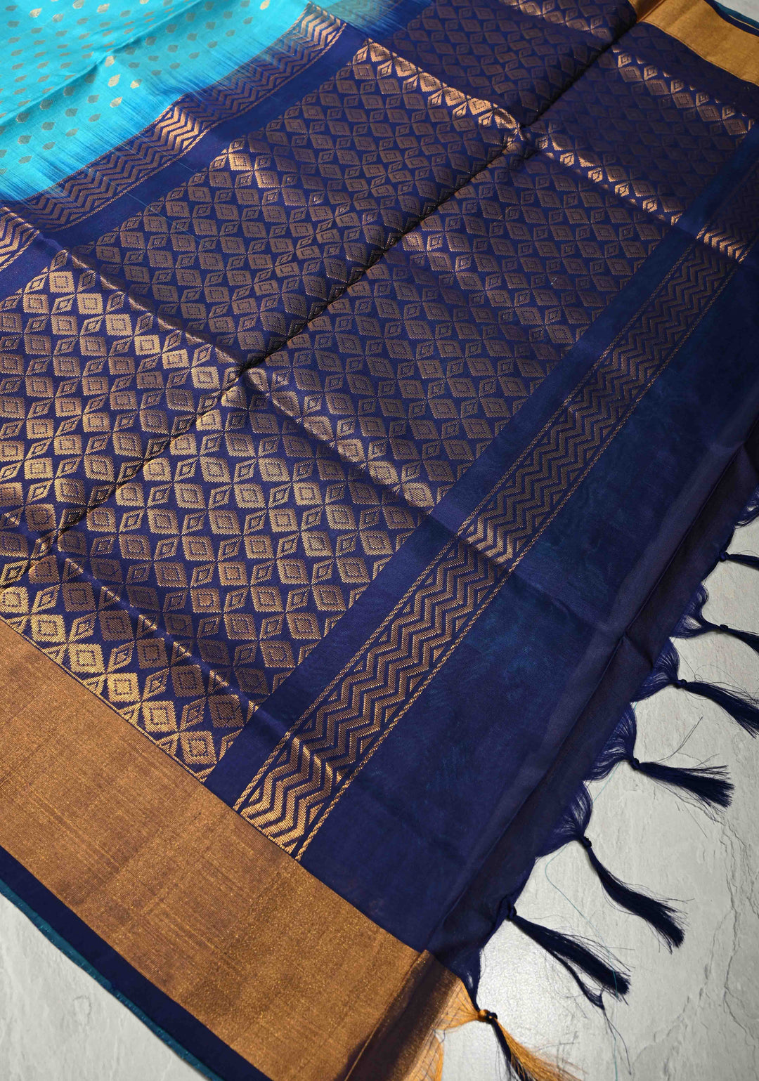 Aqua Uppada Handloom Silk Saree with Meenakari Floral Jaal Panel and Tissue Border | SILK MARK CERTIFIED