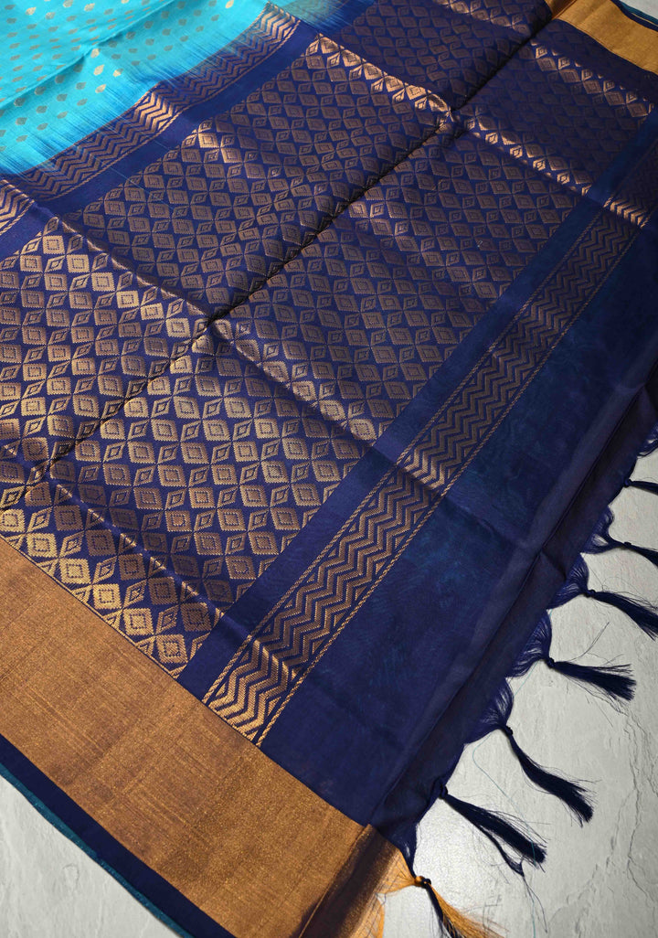 Aqua Uppada Handloom Silk Saree with Meenakari Floral Jaal Panel and Tissue Border | SILK MARK CERTIFIED