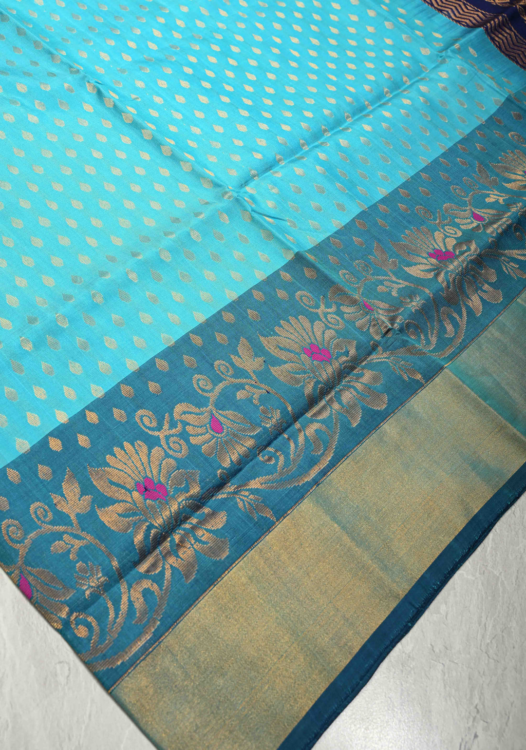 Aqua Uppada Handloom Silk Saree with Meenakari Floral Jaal Panel and Tissue Border | SILK MARK CERTIFIED
