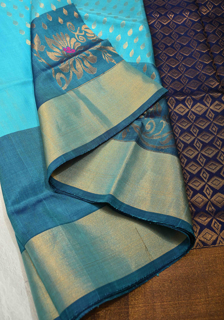Aqua Uppada Handloom Silk Saree with Meenakari Floral Jaal Panel and Tissue Border | SILK MARK CERTIFIED