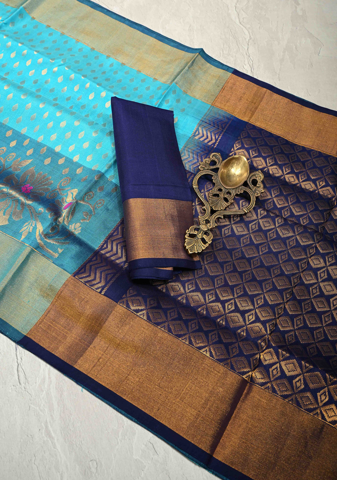 Aqua Uppada Handloom Silk Saree with Meenakari Floral Jaal Panel and Tissue Border | SILK MARK CERTIFIED