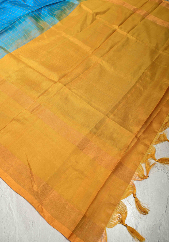 Ananda Blue Uppada Handloom Silk Saree with Checks Design and Contrast Border | SILK MARK CERTIFIED