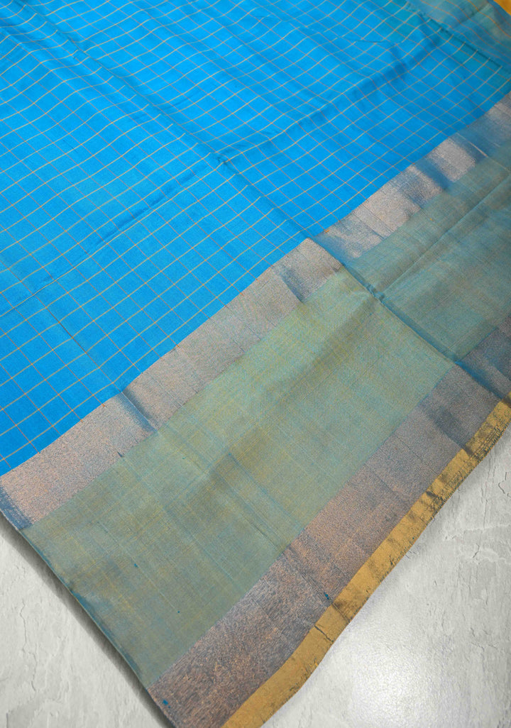 Ananda Blue Uppada Handloom Silk Saree with Checks Design and Contrast Border | SILK MARK CERTIFIED