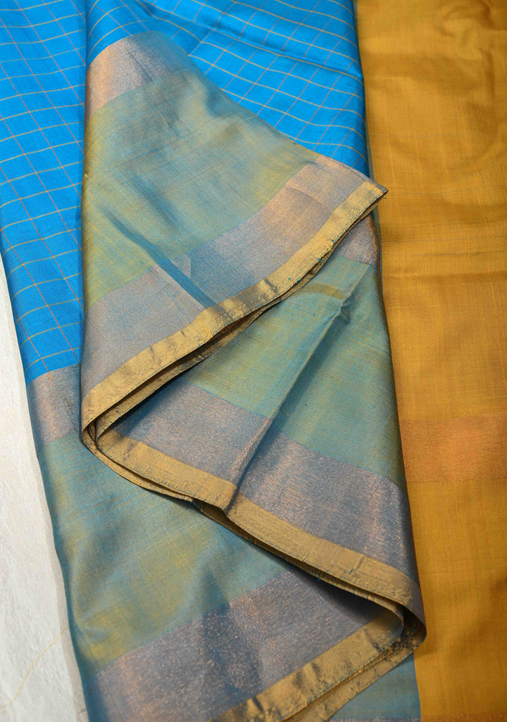 Ananda Blue Uppada Handloom Silk Saree with Checks Design and Contrast Border | SILK MARK CERTIFIED