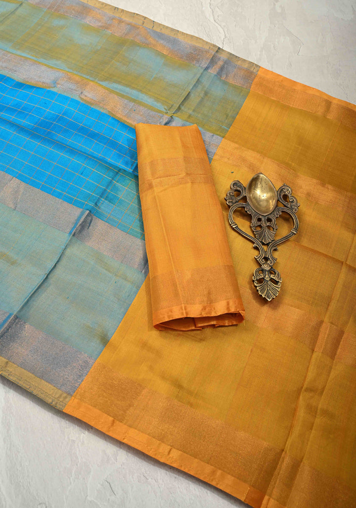 Ananda Blue Uppada Handloom Silk Saree with Checks Design and Contrast Border | SILK MARK CERTIFIED