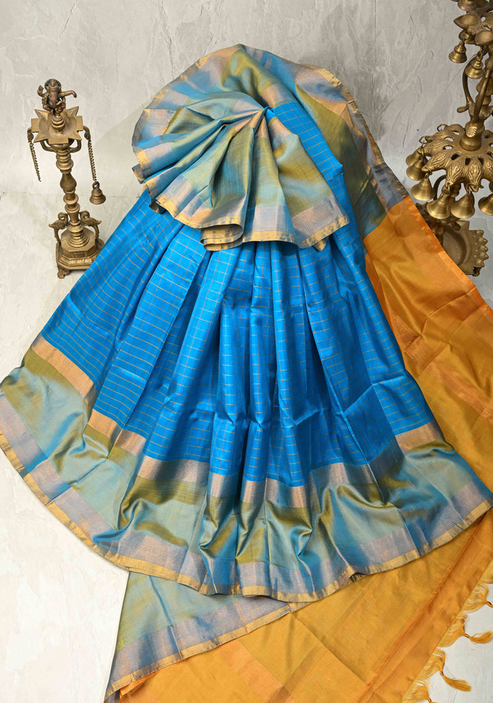 Ananda Blue Uppada Handloom Silk Saree with Checks Design and Contrast Border | SILK MARK CERTIFIED