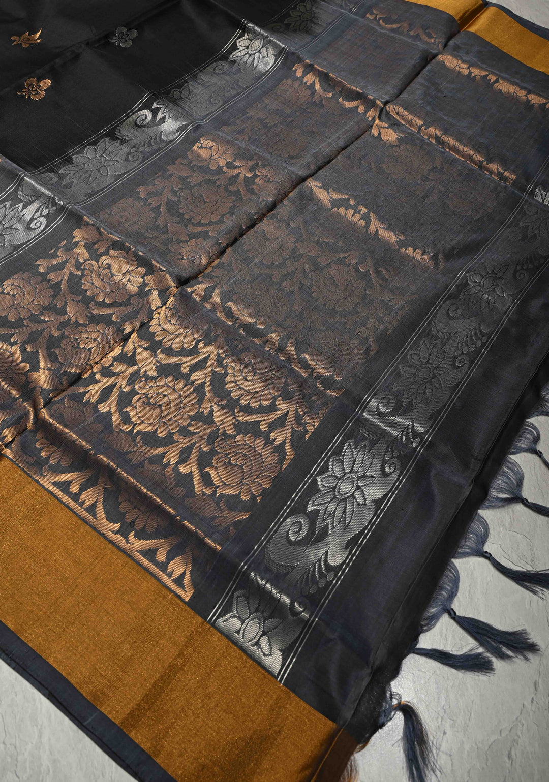 Black Sona Rupa Zari Buttas on Uppada Handloom Silk Saree with Panel and Tissue Border | SILK MARK CERTIFIED