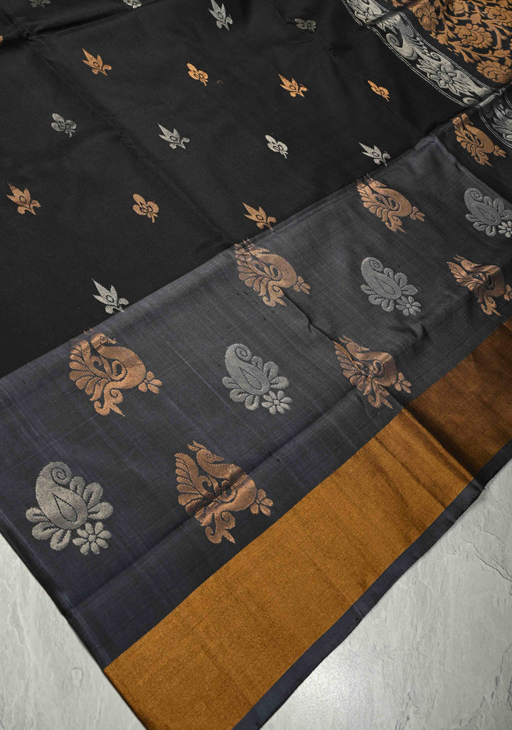 Black Sona Rupa Zari Buttas on Uppada Handloom Silk Saree with Panel and Tissue Border | SILK MARK CERTIFIED