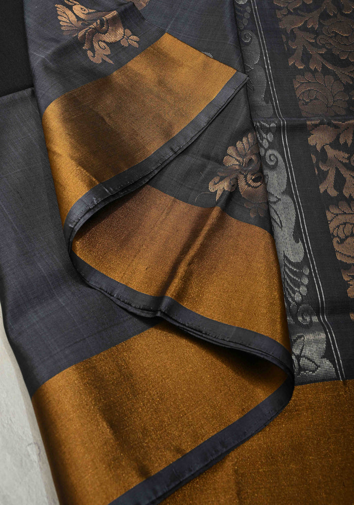 Black Sona Rupa Zari Buttas on Uppada Handloom Silk Saree with Panel and Tissue Border | SILK MARK CERTIFIED