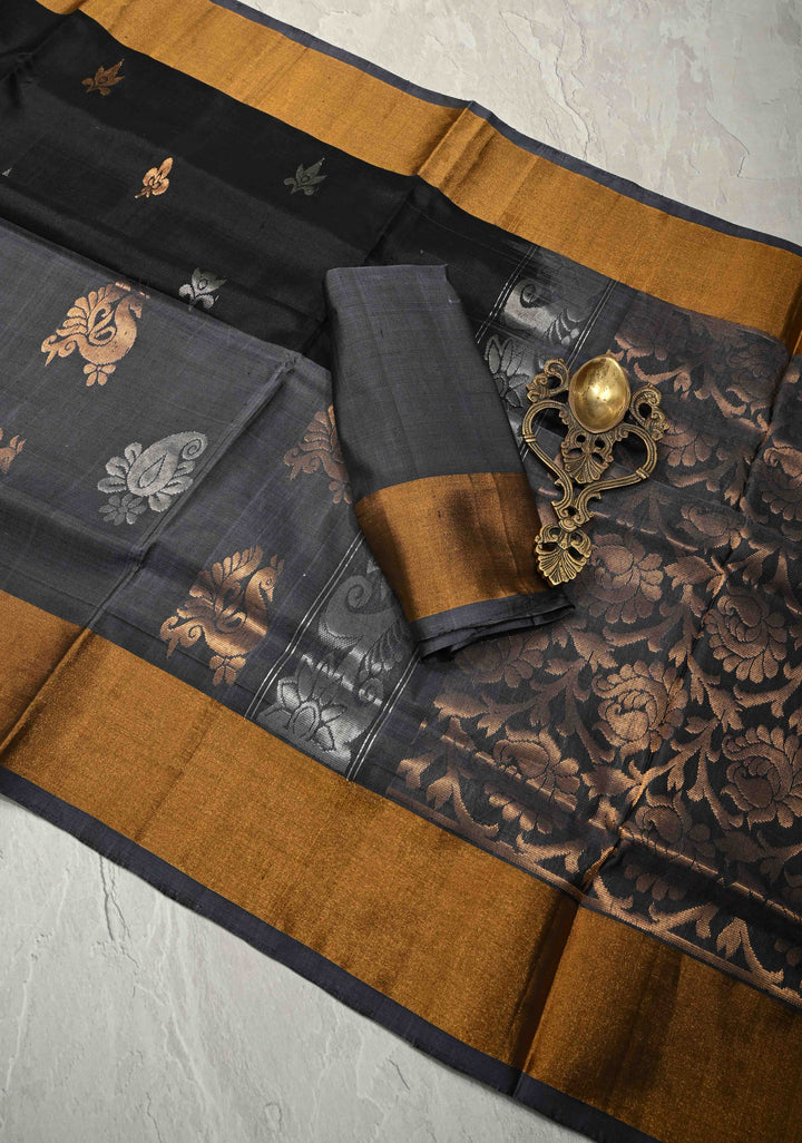 Black Sona Rupa Zari Buttas on Uppada Handloom Silk Saree with Panel and Tissue Border | SILK MARK CERTIFIED