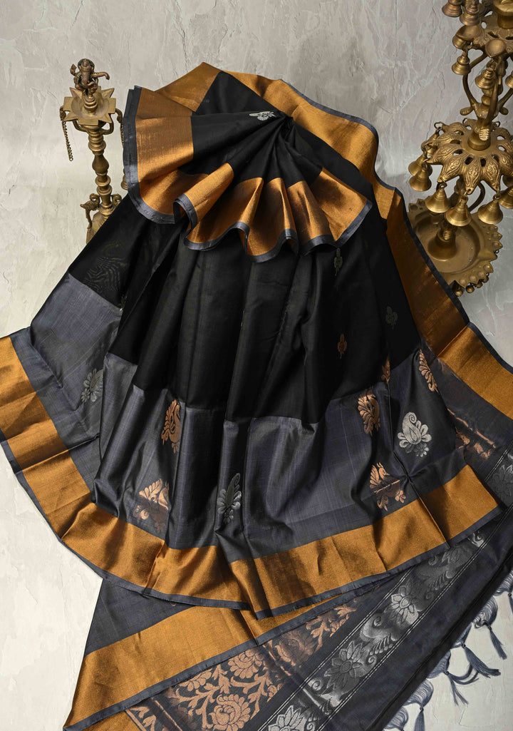 Black Sona Rupa Zari Buttas on Uppada Handloom Silk Saree with Panel and Tissue Border | SILK MARK CERTIFIED
