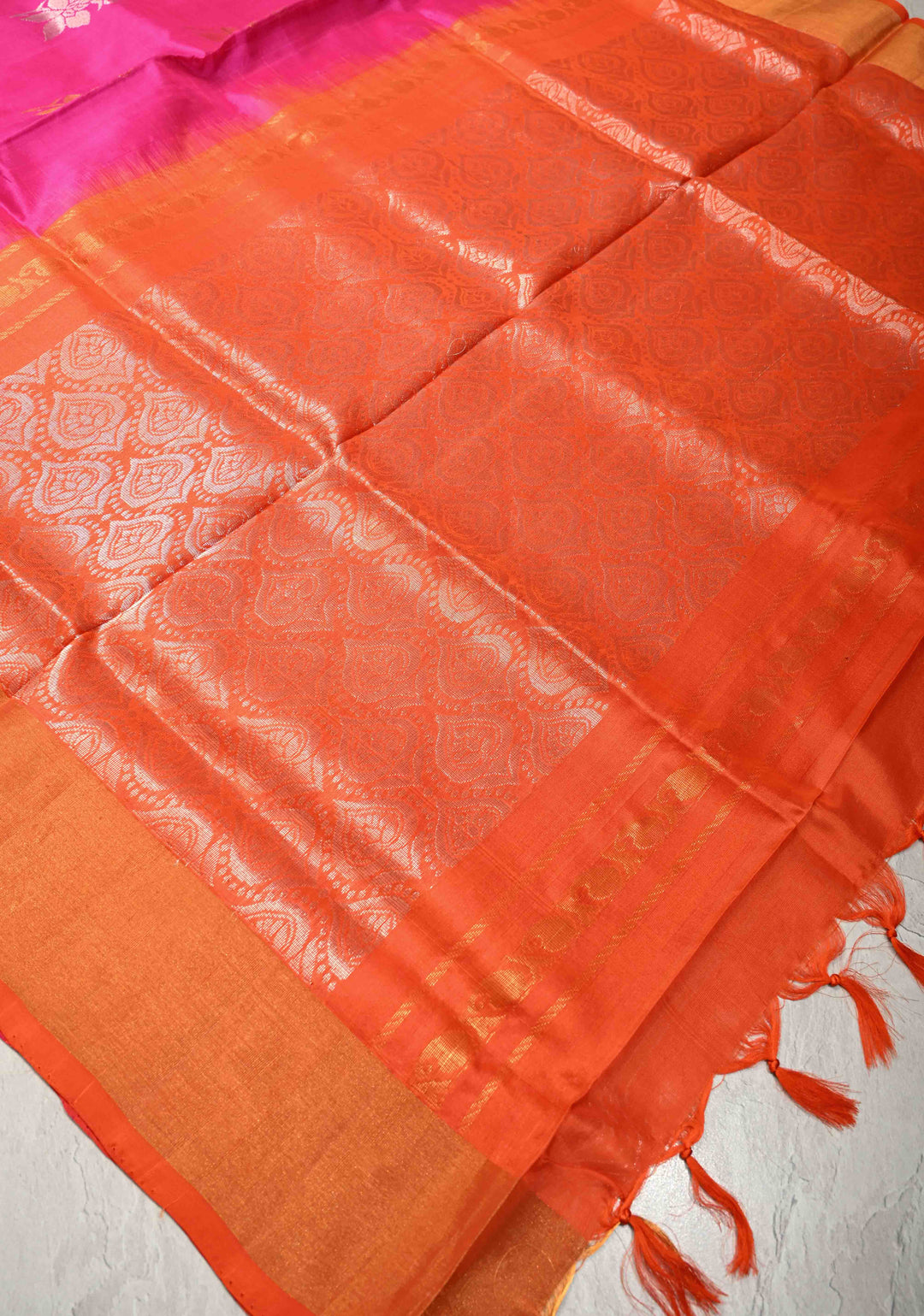 Rani Pink Sona Rupa Zari Buttas on Uppada Handloom Silk Saree with Panel and Tissue Border | SILK MARK CERTIFIED