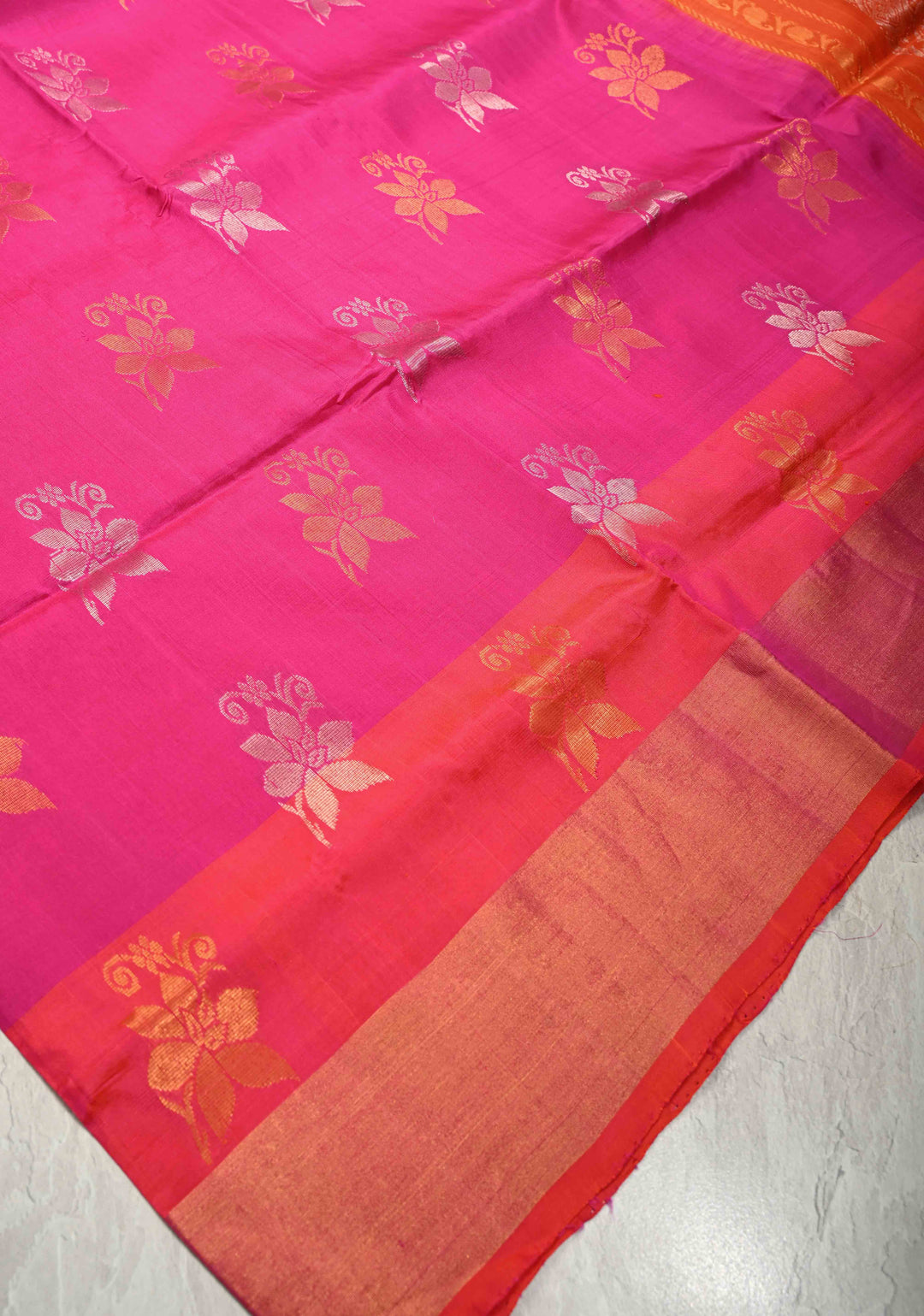 Rani Pink Sona Rupa Zari Buttas on Uppada Handloom Silk Saree with Panel and Tissue Border | SILK MARK CERTIFIED